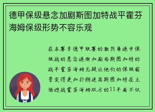 德甲保级悬念加剧斯图加特战平霍芬海姆保级形势不容乐观